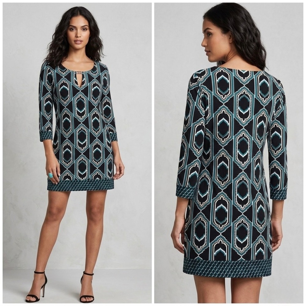White House Black Market Geometric Print Tunic Mini Dress Womens XS‎ 3/4 Sleeve